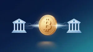 Glowing digital token connecting two banks, illustrating JPM Coin tokenized deposits for instant 24/7 payments